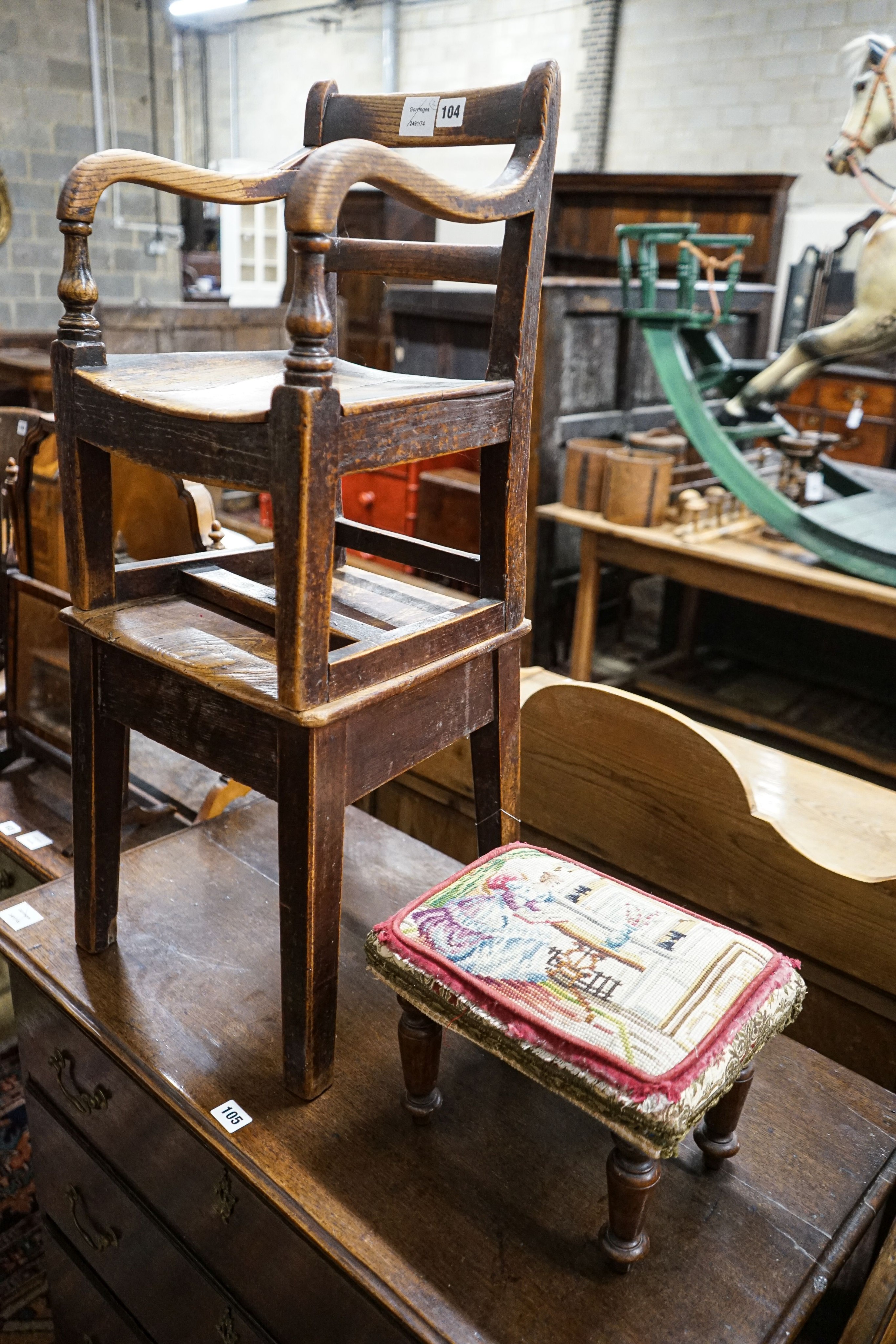 An early 19th century oak and elm child's chair, width 33cm, depth 32cm, height 83cm and a small Victorian mahogany stool with woolwork seat, width 27cm